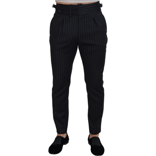 Elegant Black Striped Wool Blend Trousers