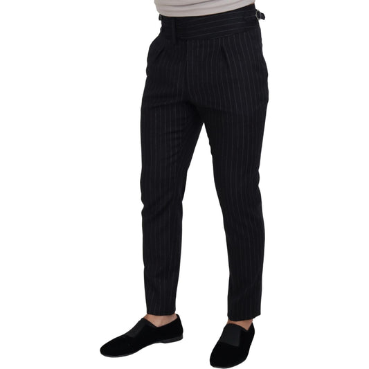 Elegant Black Striped Wool Blend Trousers