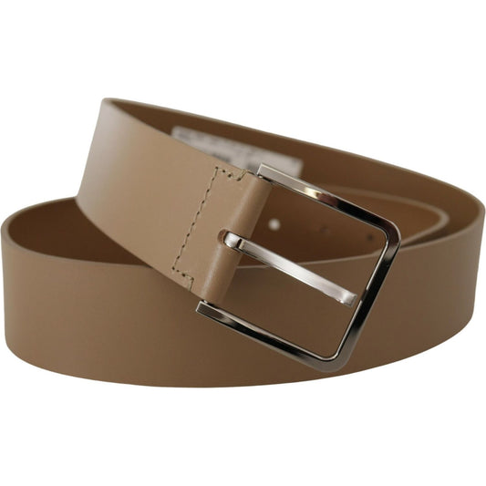 Beige Leather Statement Belt with Silver Buckle