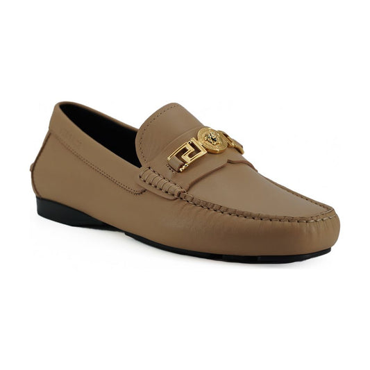 Exquisite Medusa Gold-Tone Leather Loafers