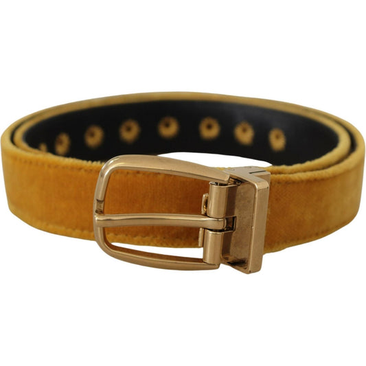 Dolce & Gabbana Mustard Velvet Gold Logo Engraved Metal Buckle Belt
