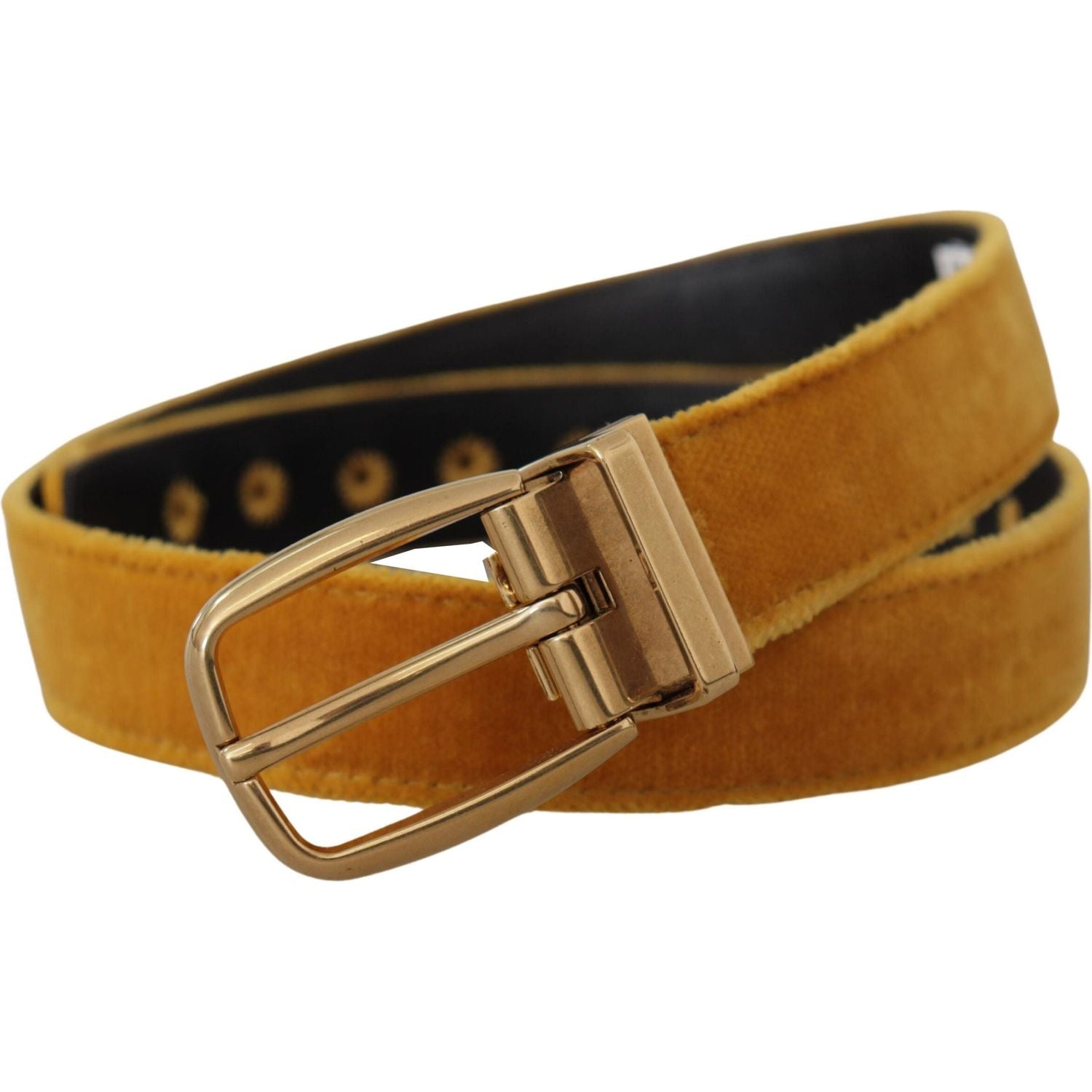 Dolce & Gabbana Mustard Velvet Gold Logo Engraved Metal Buckle Belt