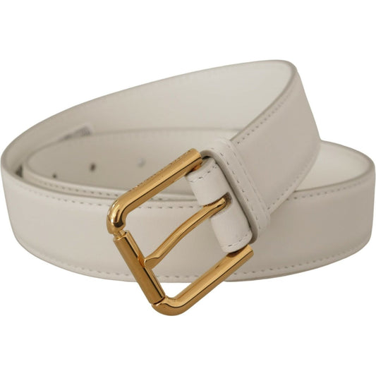 Chic White Leather Belt with Gold Engraved Buckle