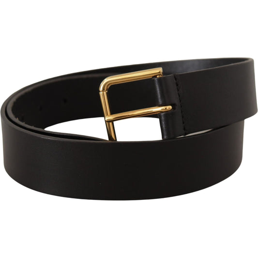 Elegant Black Leather Belt with Gold-Tone Buckle