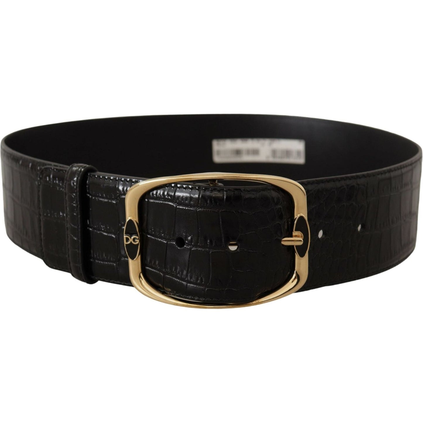 Dolce & Gabbana Black Crocodile Print Gold Metal DG Logo Buckle Belt