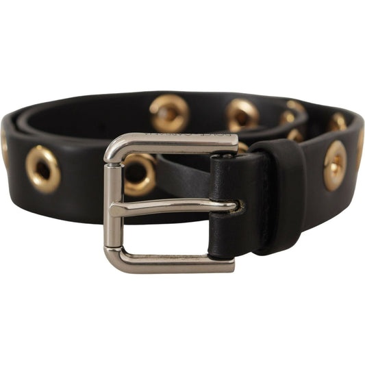 Chic Black Leather Belt with Engraved Buckle