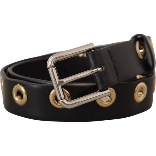 Chic Black Leather Belt with Engraved Buckle