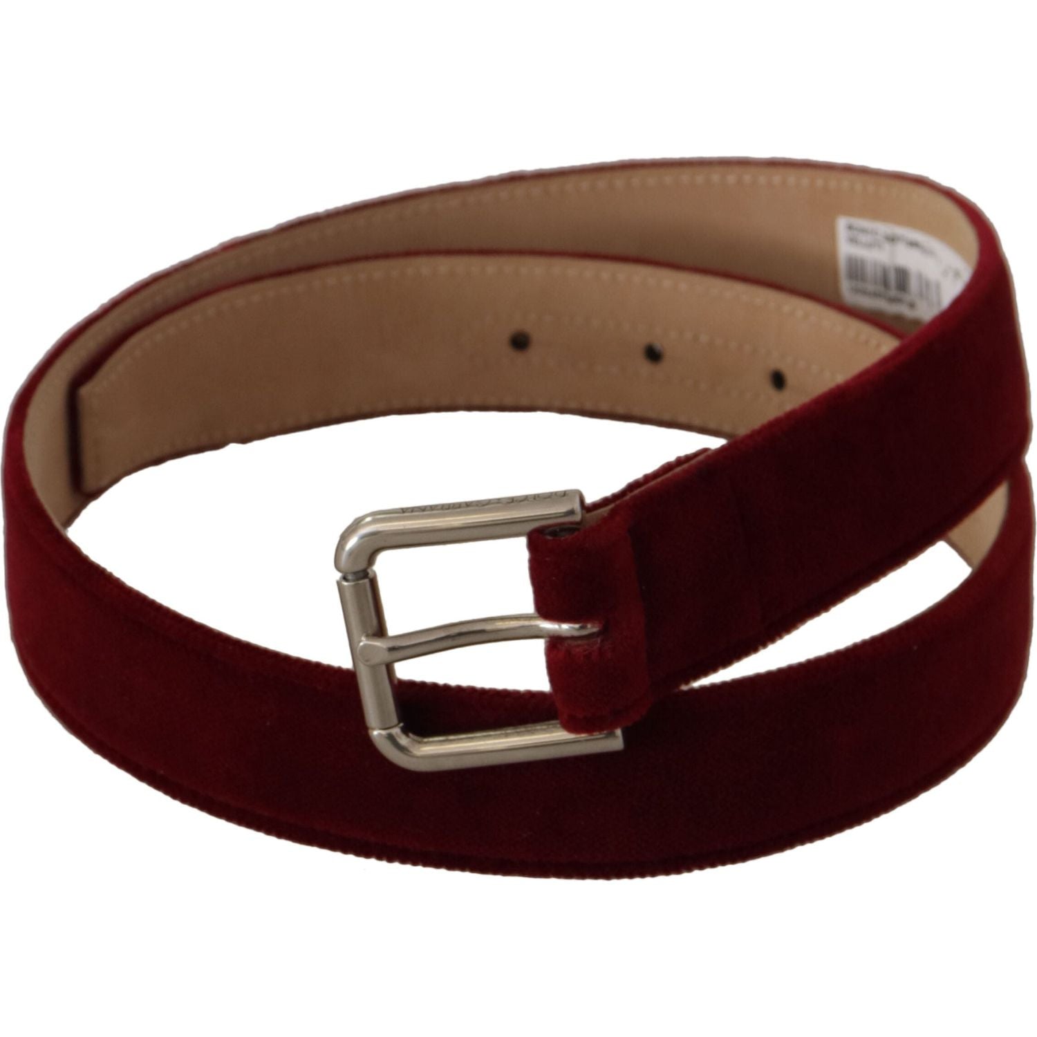 Dolce & Gabbana Red Velvet Silver Logo Engraved Metal Buckle Belt