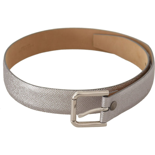 Elegant Silver Leather Belt with Engraved Buckle