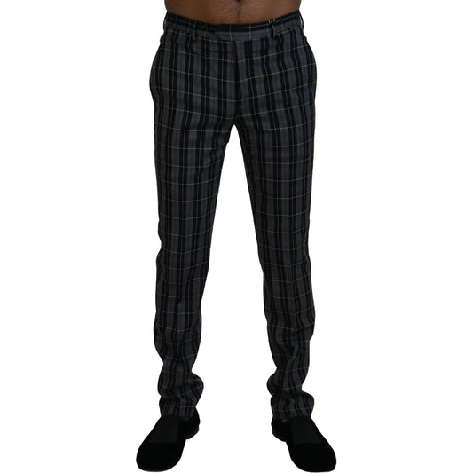 Elegant Gray Checkered Wool Chino Pants