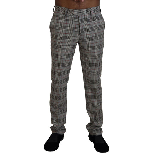 Elegant Gray Checkered Slim Men's Pants