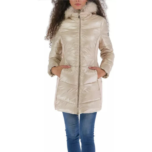 Elegant Beige Padded Jacket with Fur Hood Yes Zee