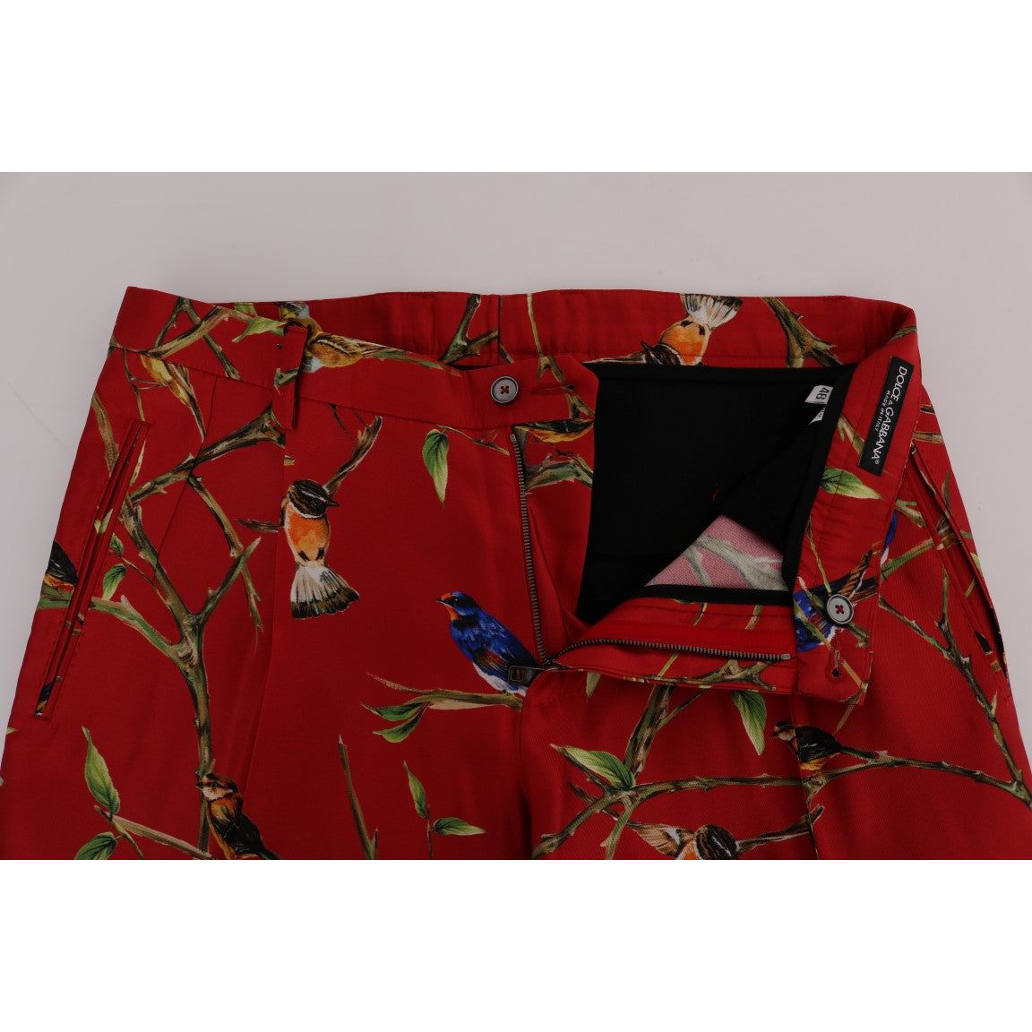 Elegant Silk Dress Trousers in Red Bird Print