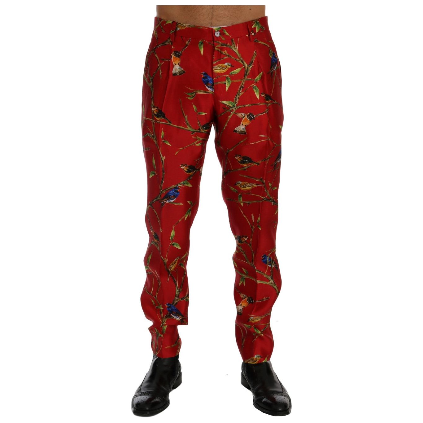 Elegant Silk Dress Trousers in Red Bird Print