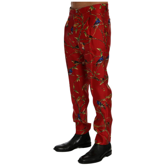 Elegant Silk Dress Trousers in Red Bird Print