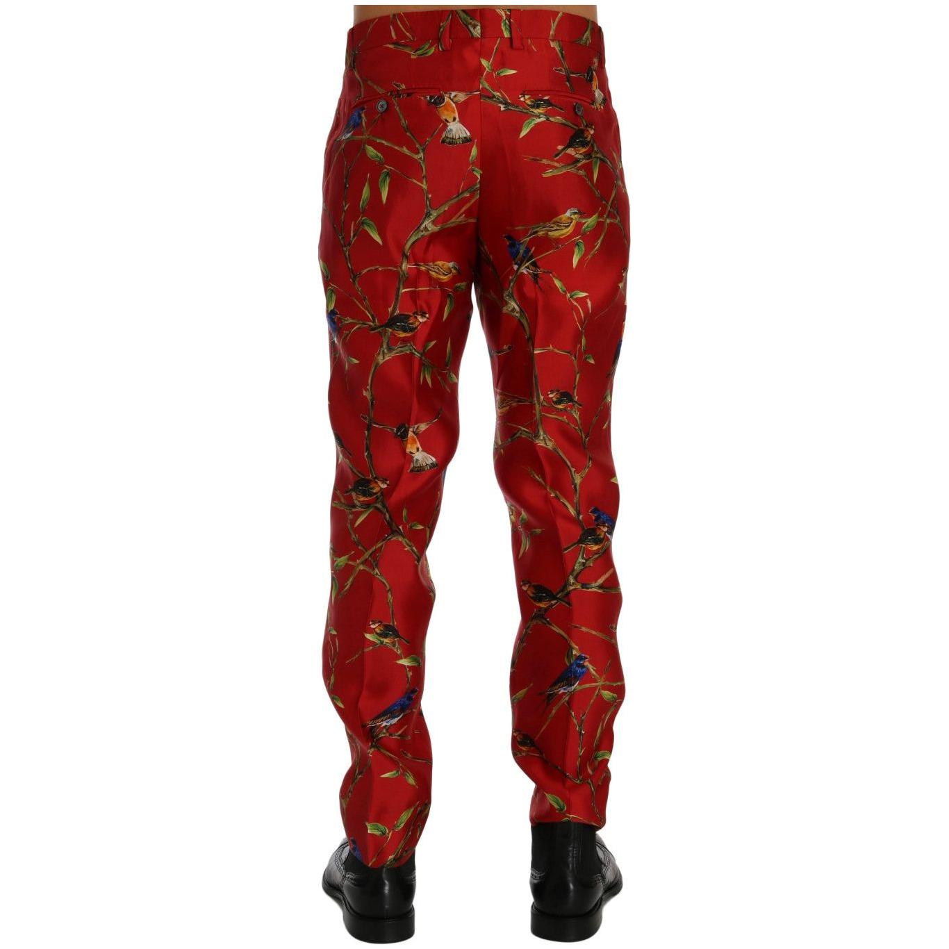 Dolce & Gabbana Red Silk Bird Print Dress Pants