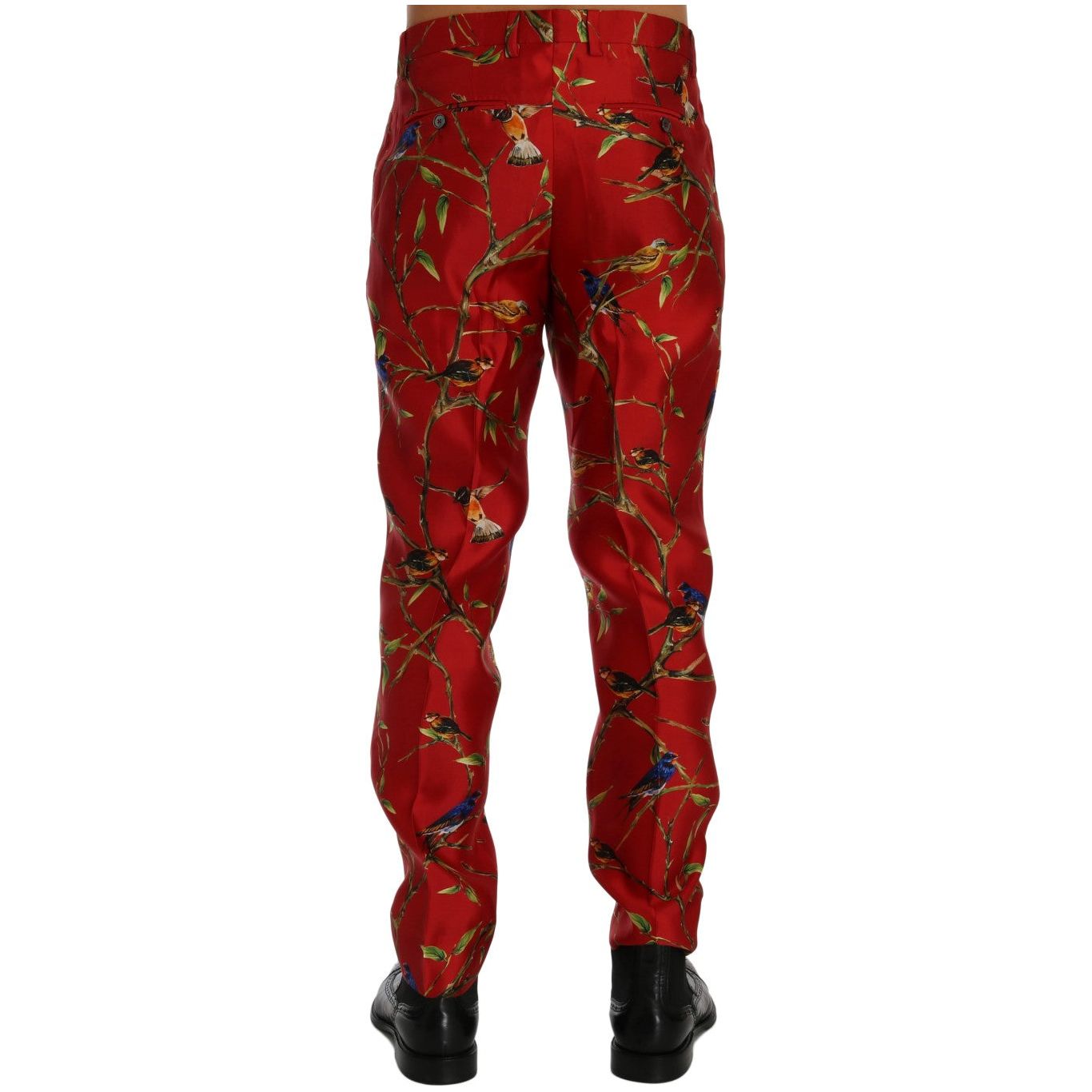 Elegant Silk Dress Trousers in Red Bird Print