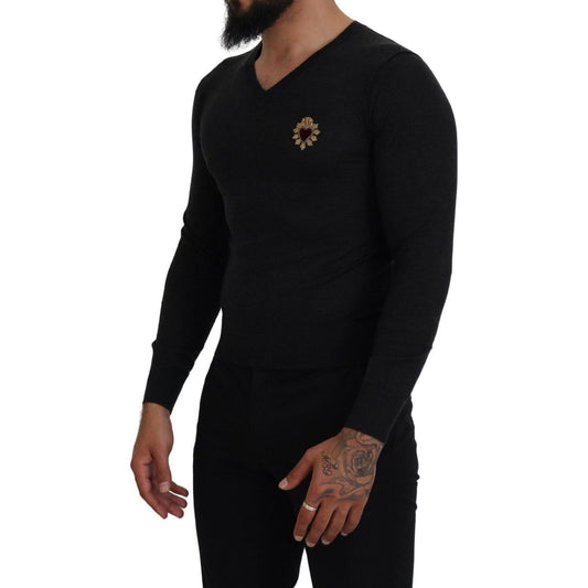 Dolce & Gabbana V-Neck Cashmere Sweater with Heart Embroidery Dolce & Gabbana