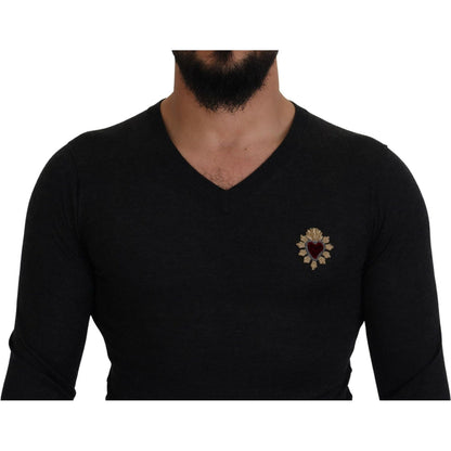 Dolce & Gabbana Gray Cashmere V-neck Gold Heart Sweater