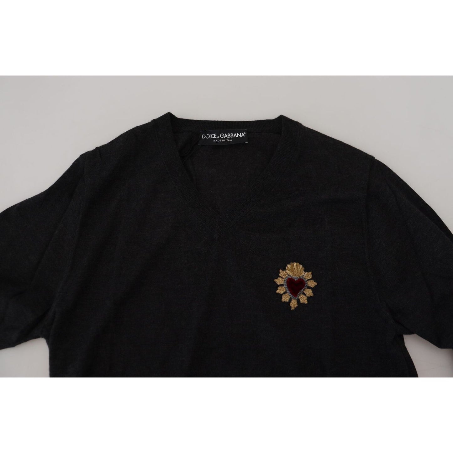 V-Neck Cashmere Sweater with Heart Embroidery