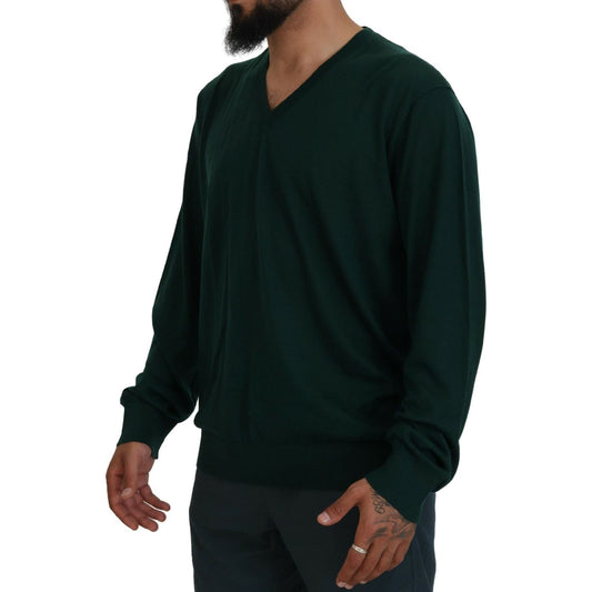 Elegant Green V-Neck Cashmere Sweater