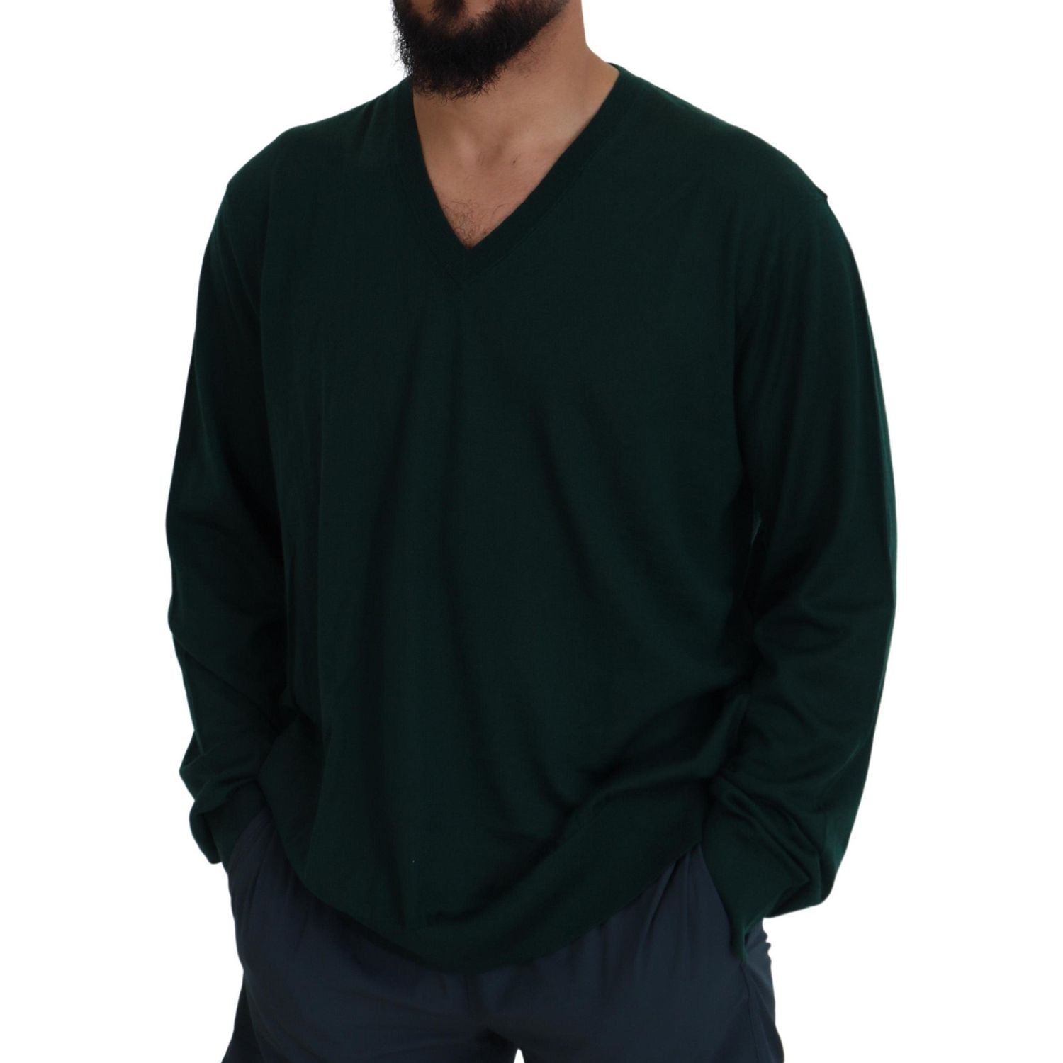 Dolce & Gabbana Green Cashmere V-neck Pullover Sweater