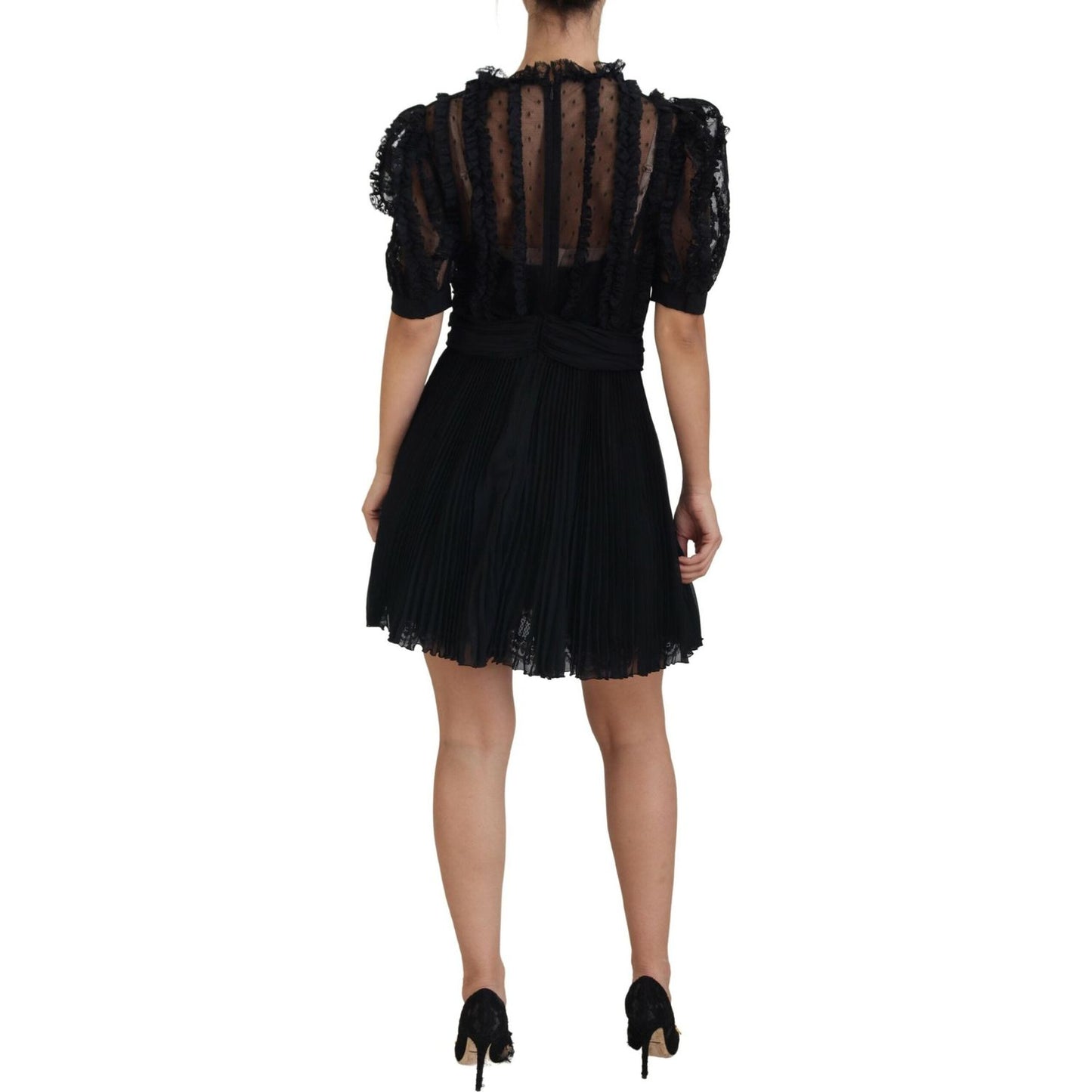 Dolce & Gabbana Black Lace Trim A-line Mini Nylon Dress