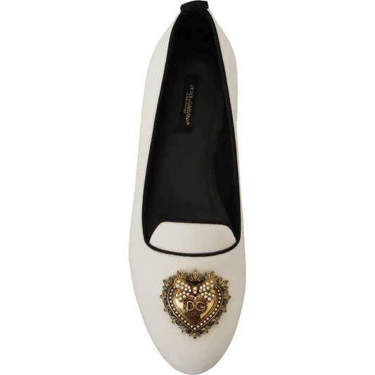 Dolce & Gabbana Elegant White Velvet Loafers with Gold Heart Detail Dolce & Gabbana