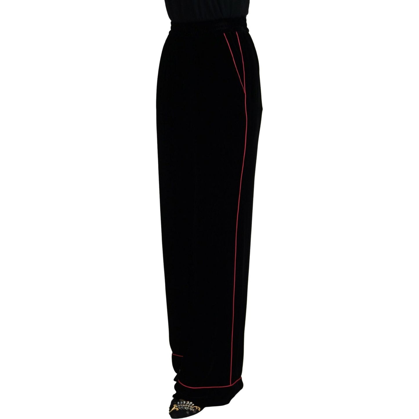 Sleek Black Velvet High-Waist Pants with Pink Stripes