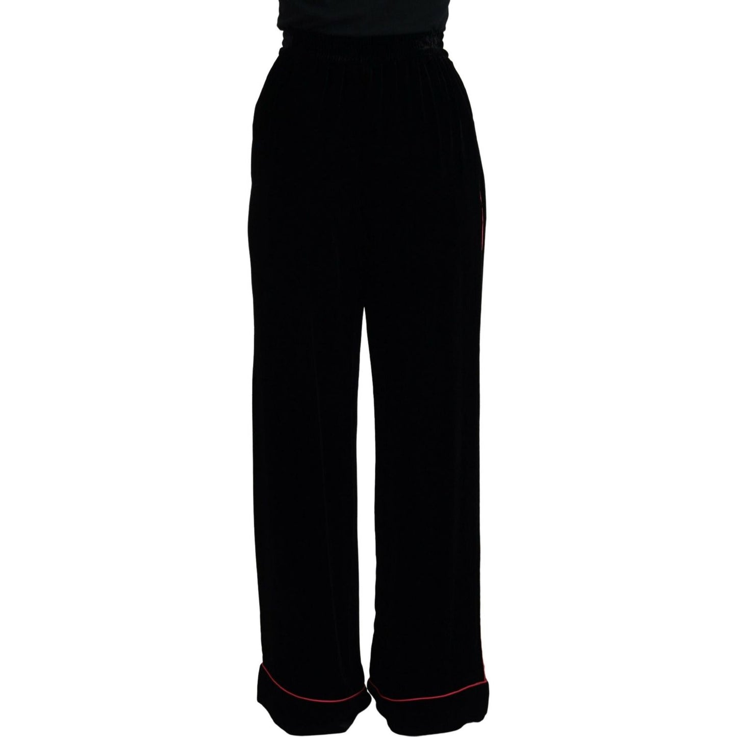 Sleek Black Velvet High-Waist Pants with Pink Stripes