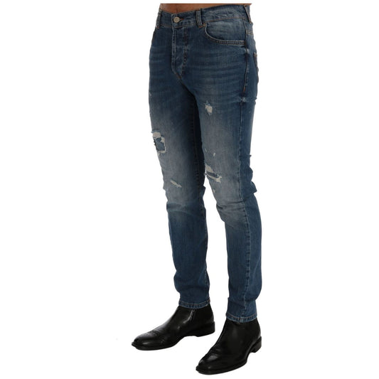 Frankie Morello Svelte Italian Denim - Slim Fit Blue Jeans blue-wash-torn-dunfermile-slim-fit-jeans