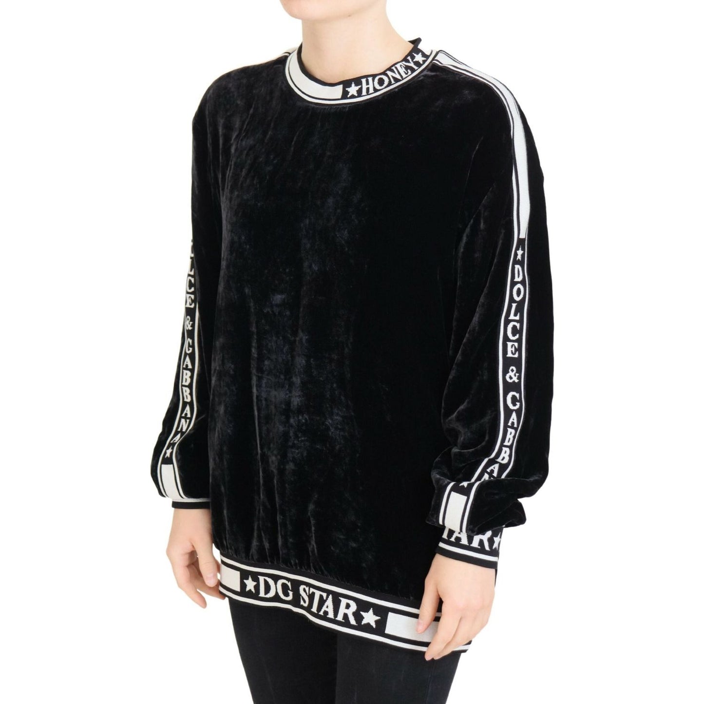 Dolce & Gabbana Black Velvet Crewneck Pullover Sweater