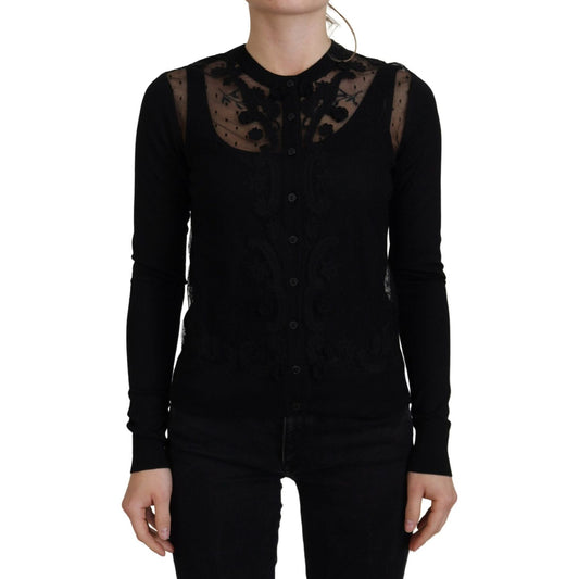 Elegant Black Floral Lace Cardigan Sweater