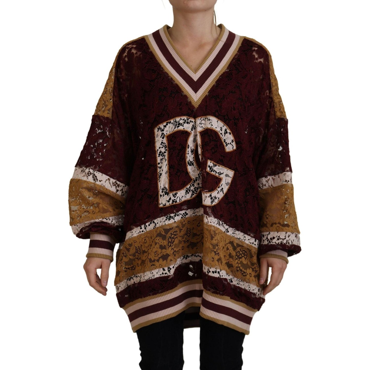 Dolce & Gabbana Multicolor Lace V-neck Pullover Sweater