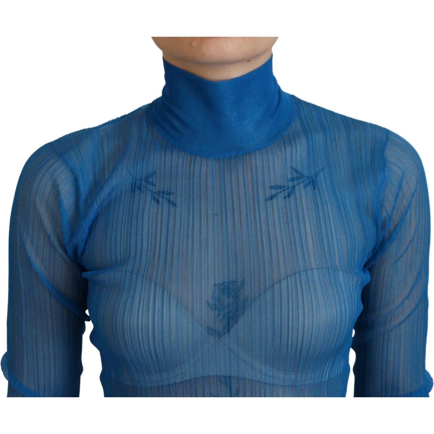 Dolce & Gabbana Blue Mesh Turtleneck Long Sleeve Blouse Top