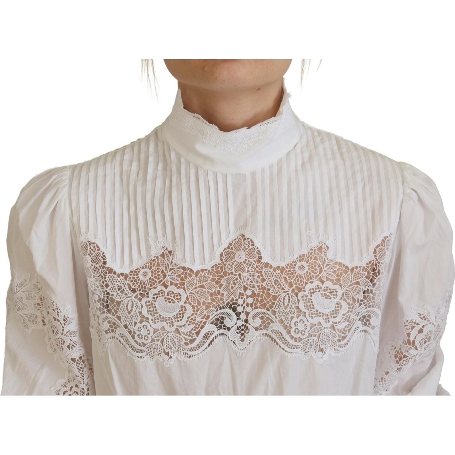 Dolce & Gabbana White Cotton Lace Trim Turtle Neck Blouse Top