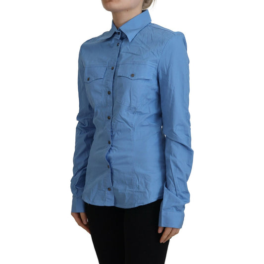 Elegant Blue Cotton Long Sleeve Polo Top