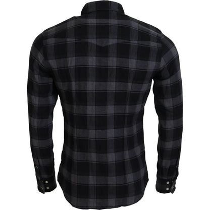 Dolce & Gabbana Black Gray Check Men Long Sleeves Shirt