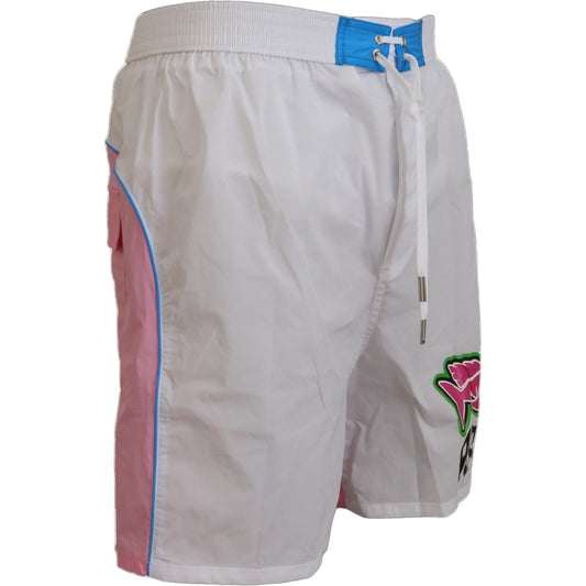 Chic White & Pink Print Swim Shorts