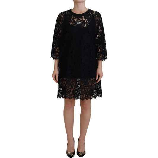 Elegant Black Floral Lace Shift Dress