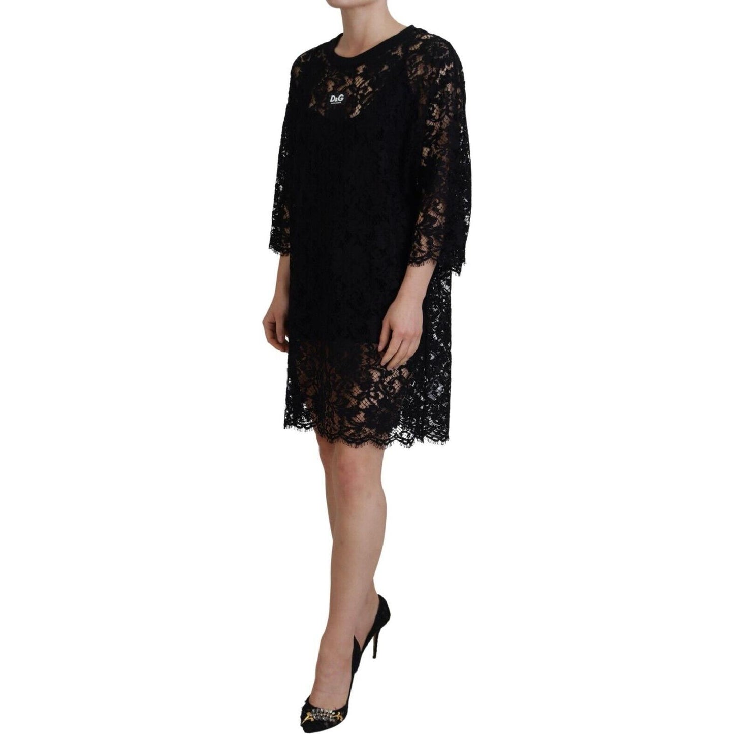 Elegant Black Floral Lace Shift Dress