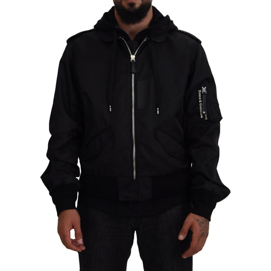 Sleek Black Hooded Bomber Jacket