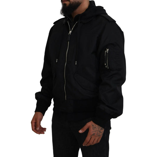 Sleek Black Hooded Bomber Jacket