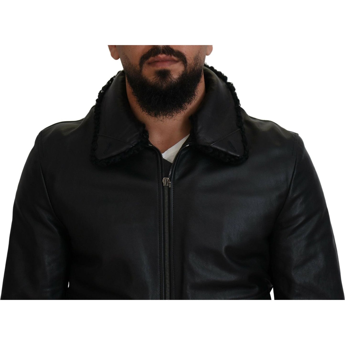 Dolce & Gabbana Black Lamb Leather Collared Men Coat Jacket