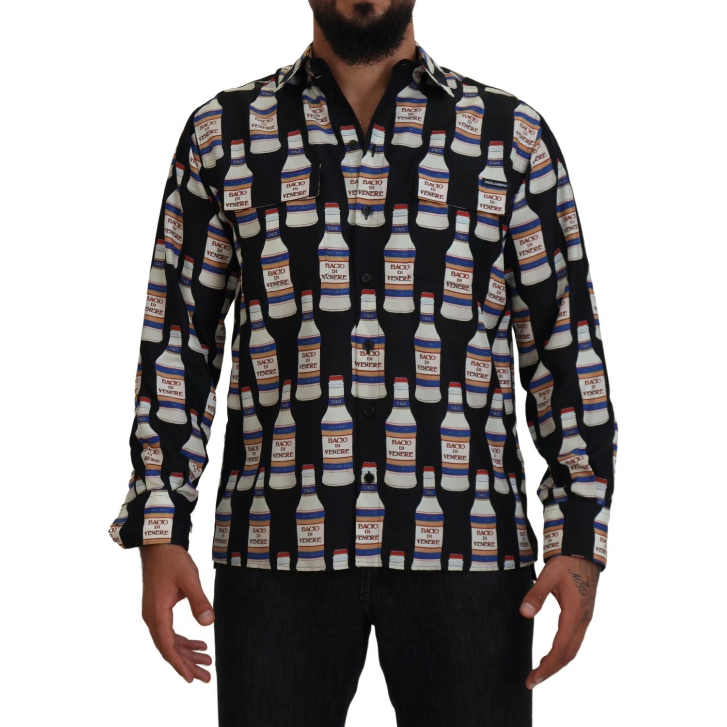 Dolce & Gabbana Black Silk Printed Collared Men Casual Shirt