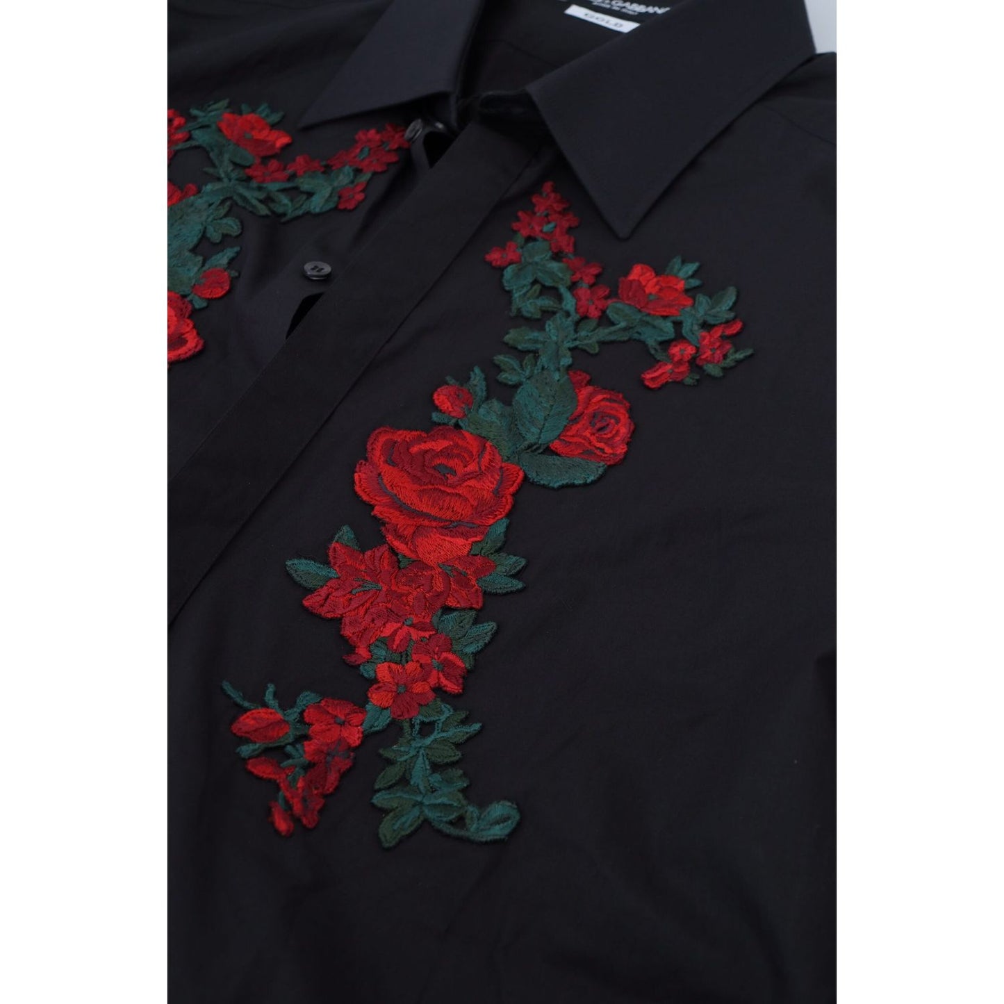 Dolce & Gabbana Black Floral Embroidery Men Long Sleeves GOLD Shirt