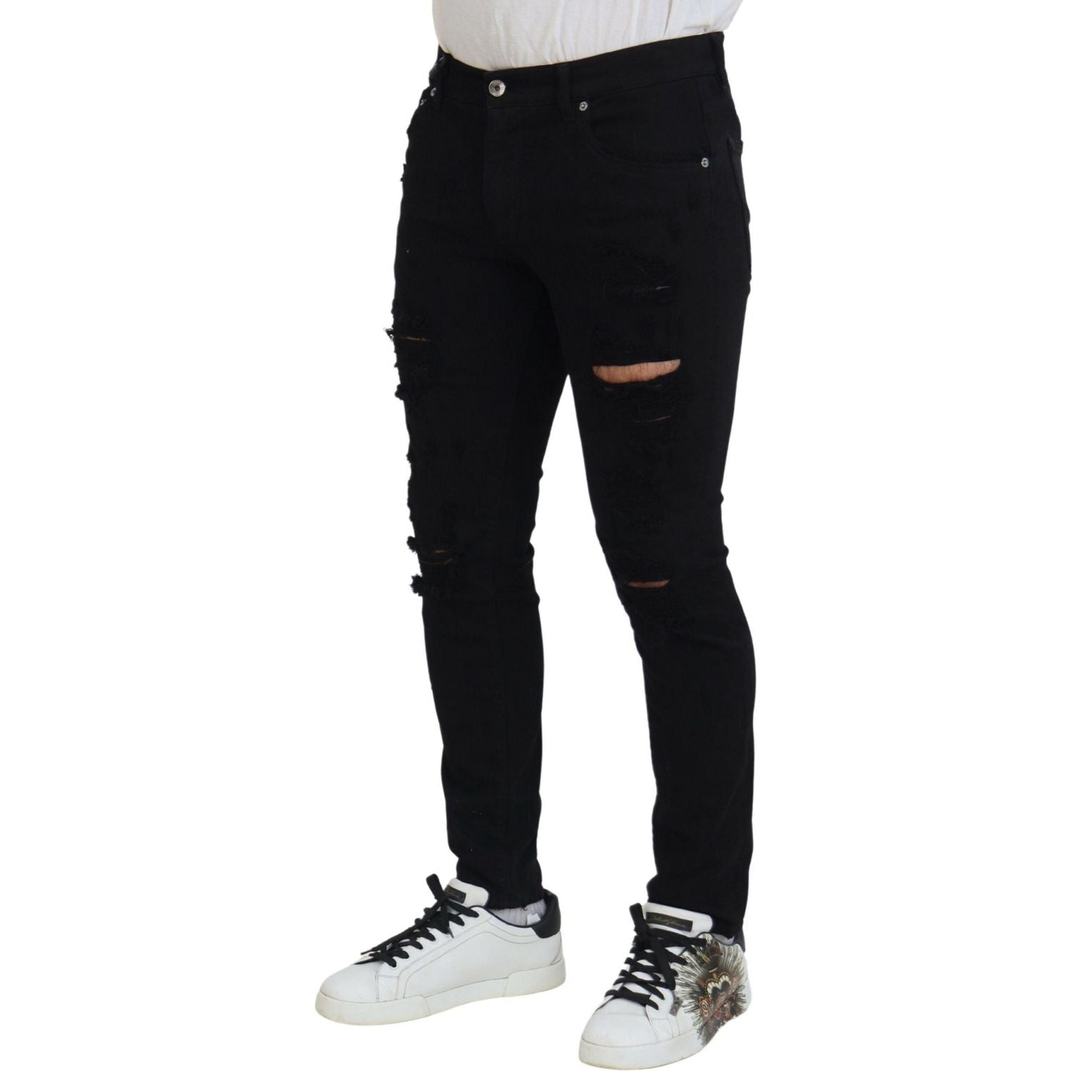 Dolce & Gabbana Black Slim Fit Tattered Denim Cotton Jeans