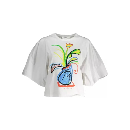 Desigual Chic White Embroidered Logo Tee with Wide Sleeves Desigual