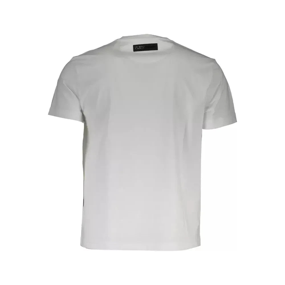 White V-Neck Logo Tee with Print Detail