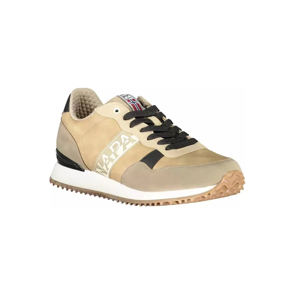 Beige Lace-Up Sports Sneakers with Logo Accent